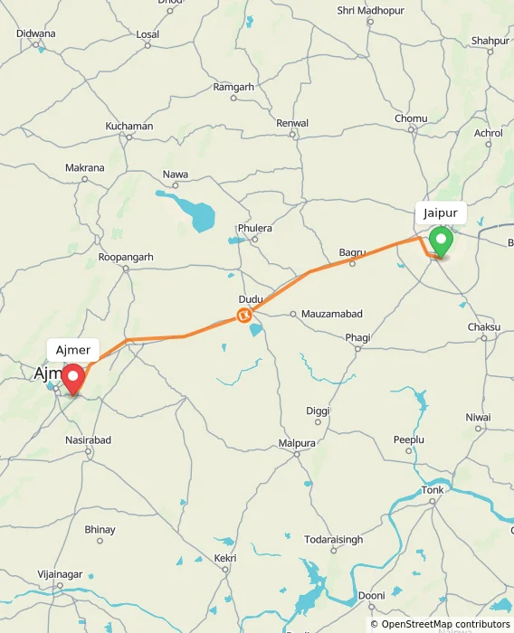 Route map showing distance and travel time from Jaipur, India to Ajmer, India