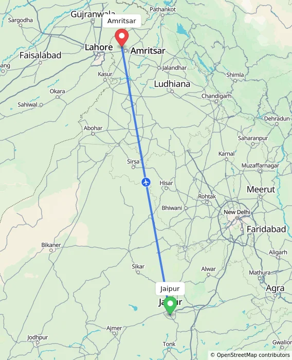 Route map showing distance and travel time from Jaipur, India to Amritsar, India