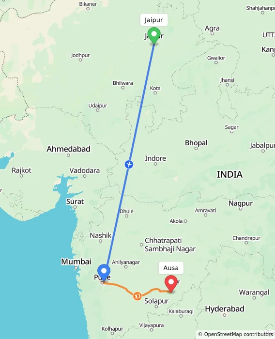 Route map showing distance and travel time from Jaipur, India to Ausa, India