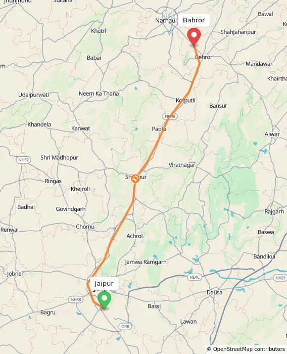Route map showing distance and travel time from Jaipur, India to Bahror, India