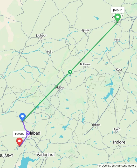 Route map showing distance and travel time from Jaipur, India to Bavla, India