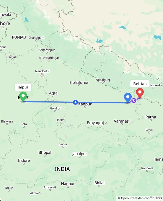 Route map showing distance and travel time from Jaipur, India to Bettiah, India