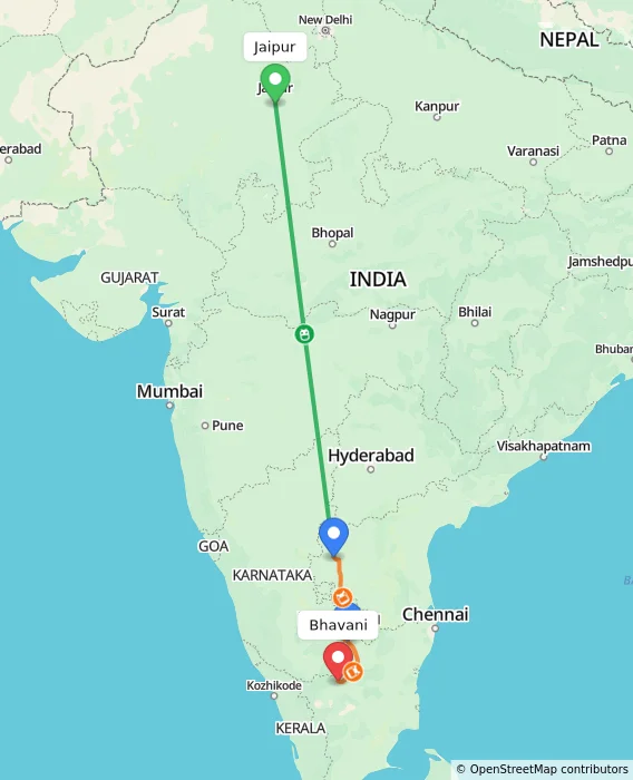 Route map showing distance and travel time from Jaipur, India to Bhavani, India
