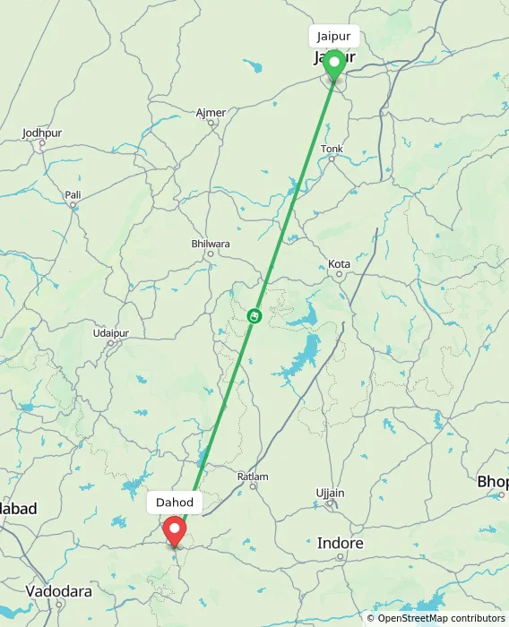 Route map showing distance and travel time from Jaipur, India to Dahod, India