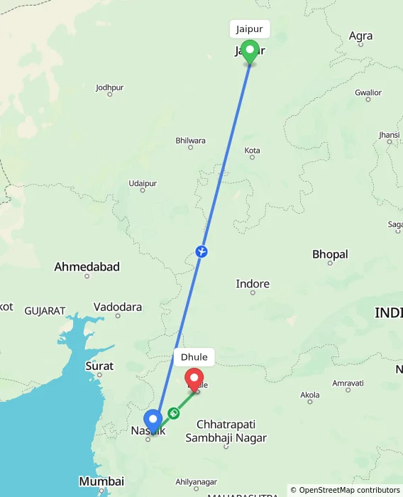 Route map showing distance and travel time from Jaipur, India to Dhule, India