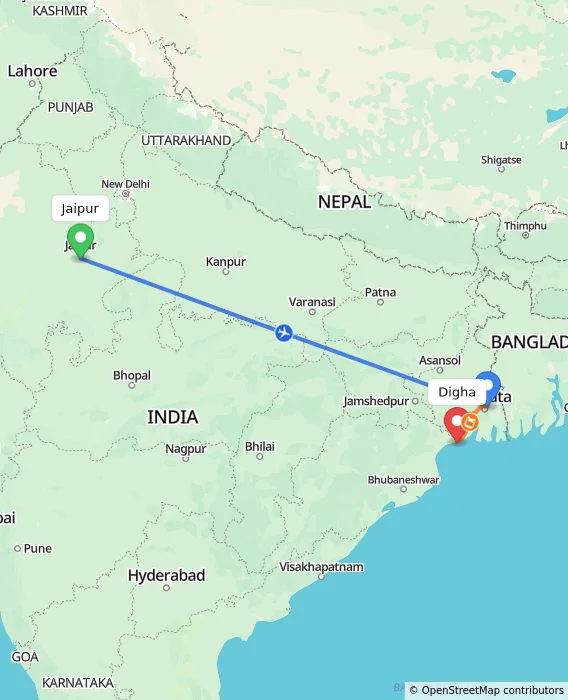 Route map showing distance and travel time from Jaipur, India to Digha, India