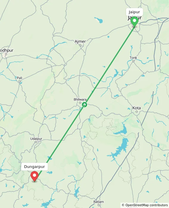 Route map showing distance and travel time from Jaipur, India to Dungarpur, India