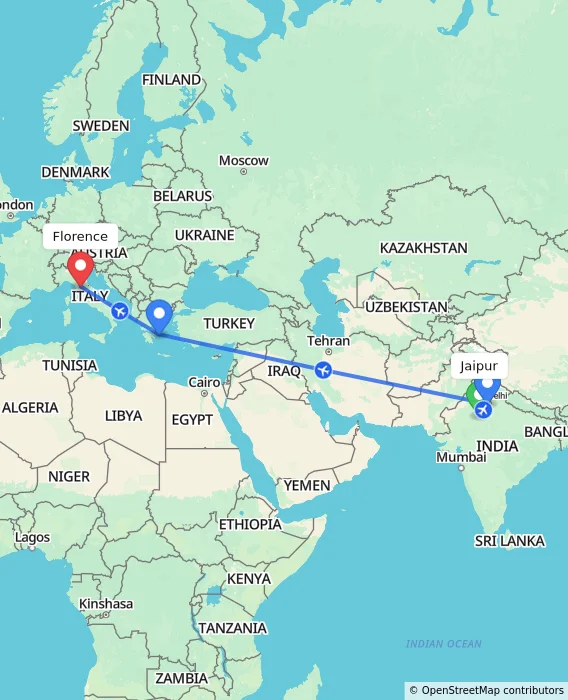Route map showing distance and travel time from Jaipur, India to Florence, Italy