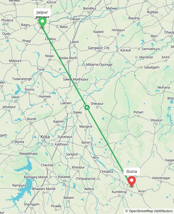 Route map showing distance and travel time from Jaipur, India to Guna, India
