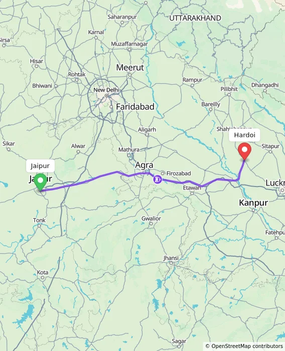 Route map showing distance and travel time from Jaipur, India to Hardoi, India