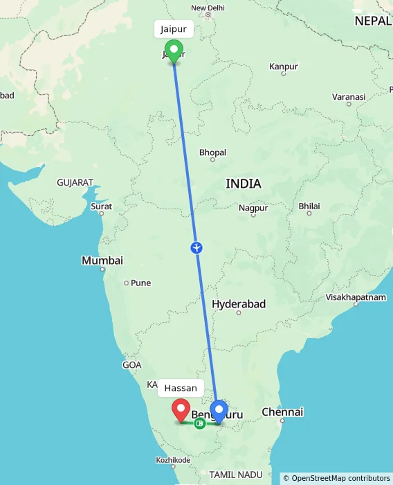 Route map showing distance and travel time from Jaipur, India to Hassan, India