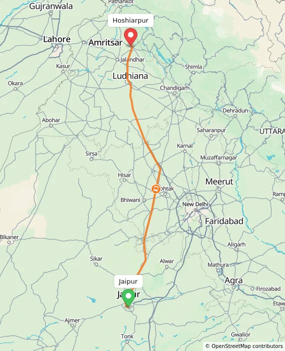 Route map showing distance and travel time from Jaipur, India to Hoshiarpur, India