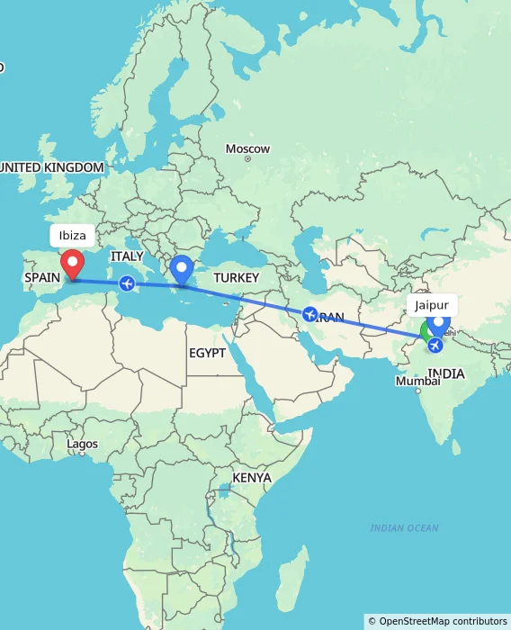 Route map showing distance and travel time from Jaipur, India to Ibiza, Spain