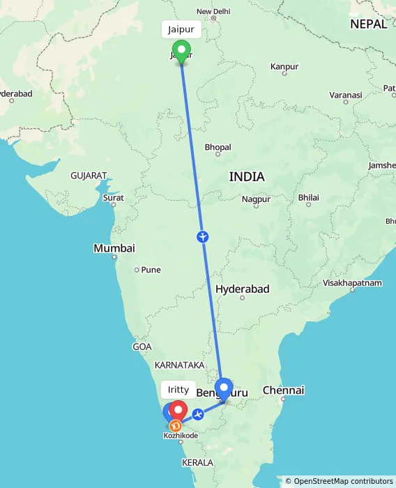 Route map showing distance and travel time from Jaipur, India to Iritty, India