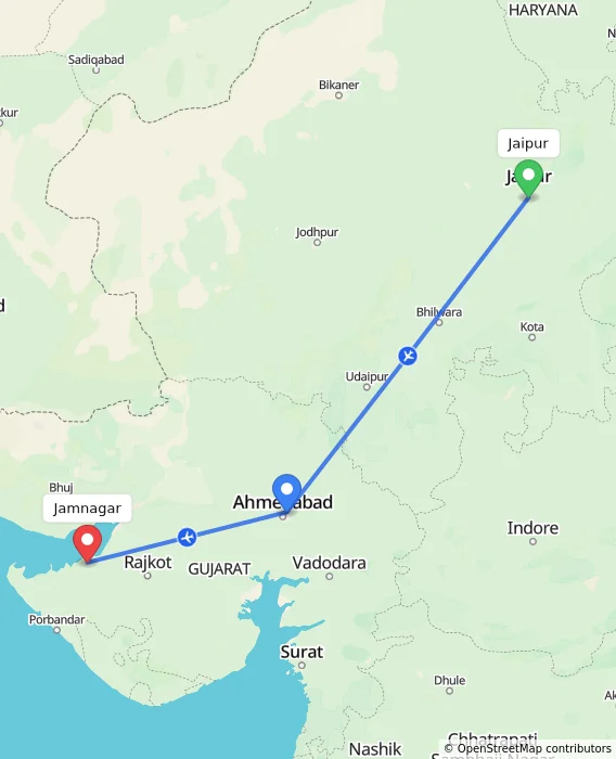 Route map showing distance and travel time from Jaipur, India to Jamnagar, India