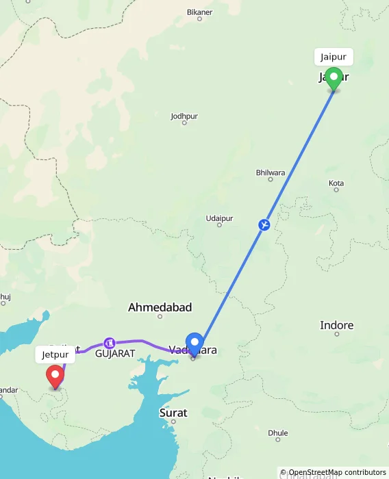 Route map showing distance and travel time from Jaipur, India to Jetpur, India