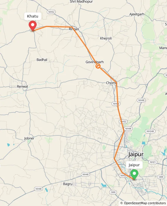 Route map showing distance and travel time from Jaipur, India to Khatu, India