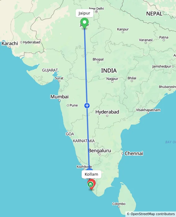 Route map showing distance and travel time from Jaipur, India to Kollam, India