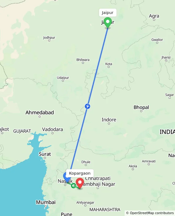 Route map showing distance and travel time from Jaipur, India to Kopargaon, India