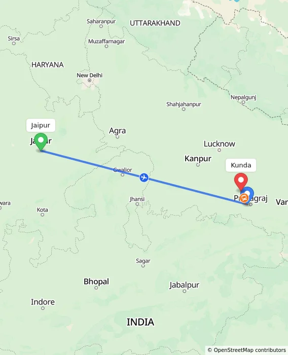 Route map showing distance and travel time from Jaipur, India to Kunda, India