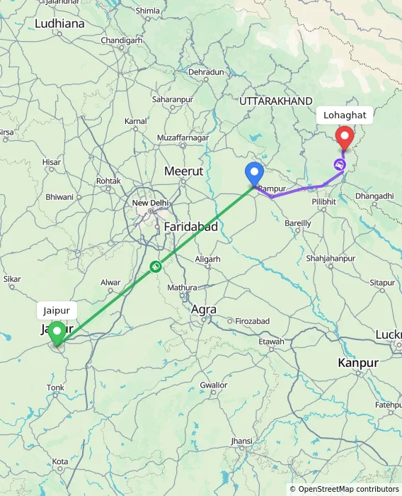 Route map showing distance and travel time from Jaipur, India to Lohaghat, India
