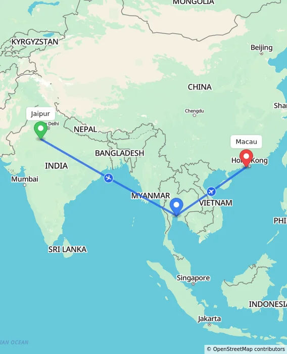 Route map showing distance and travel time from Jaipur, India to Macau, Macau (Special Administrative Region of China)