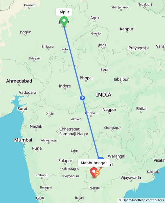 Route map showing distance and travel time from Jaipur, India to Mahbubnagar, India