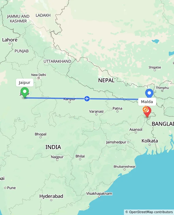 Route map showing distance and travel time from Jaipur, India to Malda, India