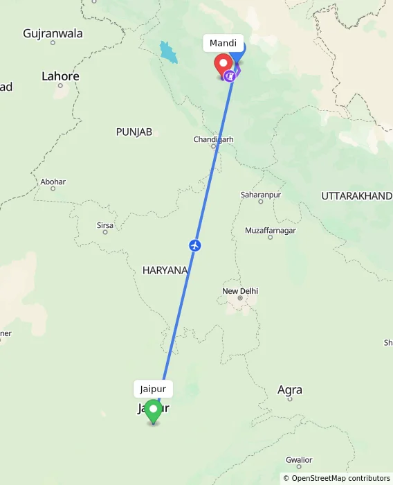 Route map showing distance and travel time from Jaipur, India to Mandi, India