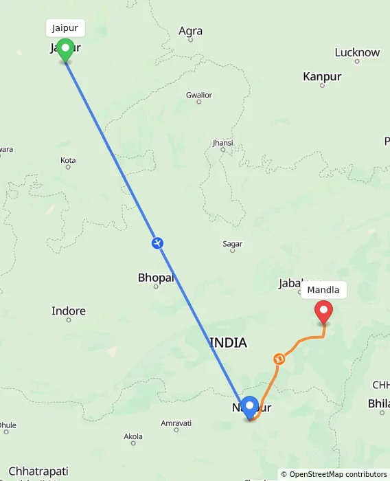 Route map showing distance and travel time from Jaipur, India to Mandla, India