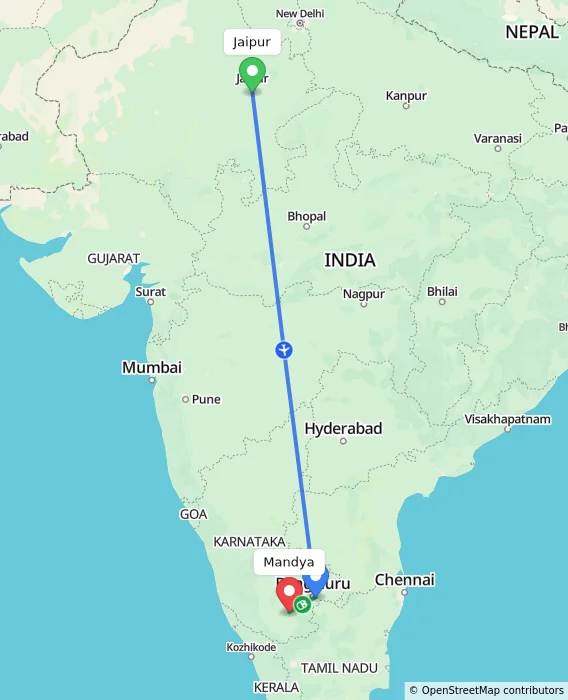 Route map showing distance and travel time from Jaipur, India to Mandya, India
