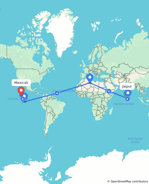 Route map showing distance and travel time from Jaipur, India to Mexicali, Mexico