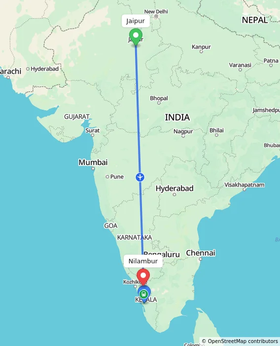 Route map showing distance and travel time from Jaipur, India to Nilambur, India