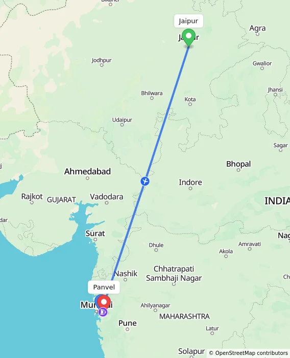 Route map showing distance and travel time from Jaipur, India to Panvel, India
