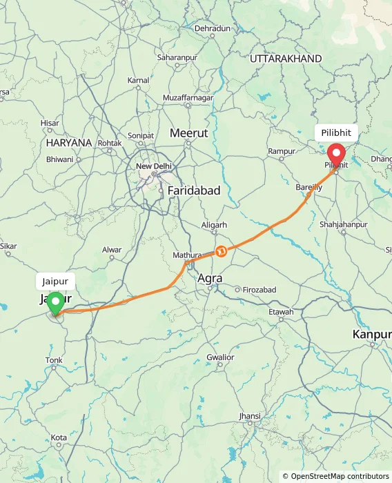 Route map showing distance and travel time from Jaipur, India to Pilibhit, India