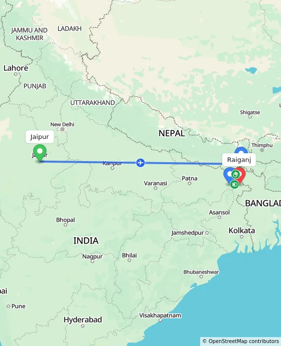 Route map showing distance and travel time from Jaipur, India to Raiganj, India