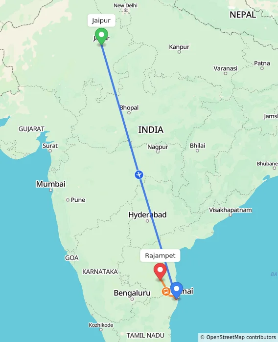 Route map showing distance and travel time from Jaipur, India to Rajampet, India