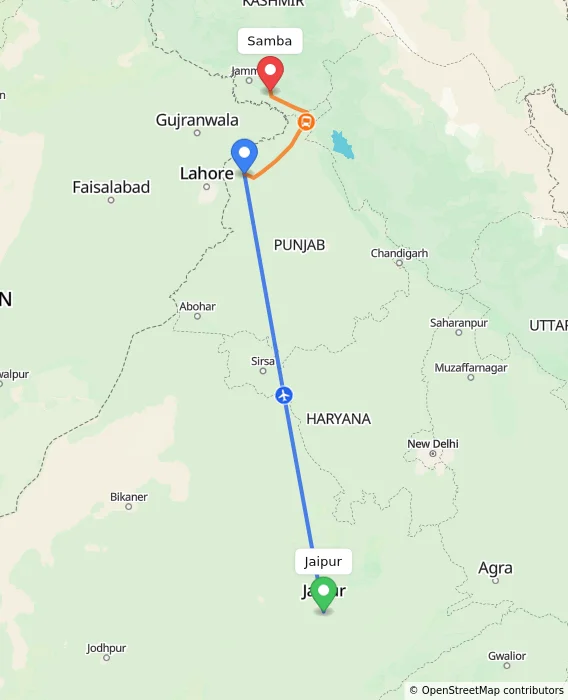 Route map showing distance and travel time from Jaipur, India to Samba, India