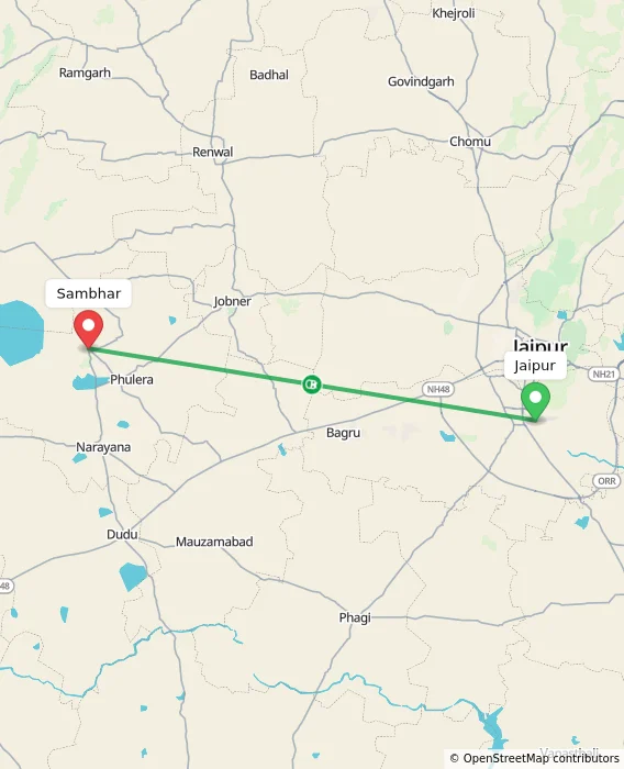 Route map showing distance and travel time from Jaipur, India to Sambhar, India