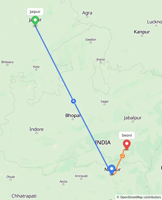 Route map showing distance and travel time from Jaipur, India to Seoni, India