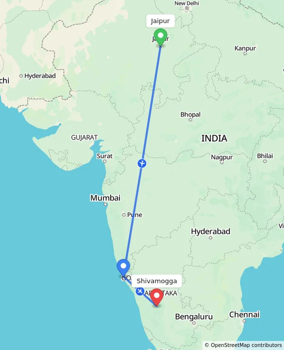 Route map showing distance and travel time from Jaipur, India to Shivamogga, India