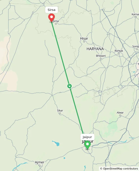 Route map showing distance and travel time from Jaipur, India to Sirsa, India