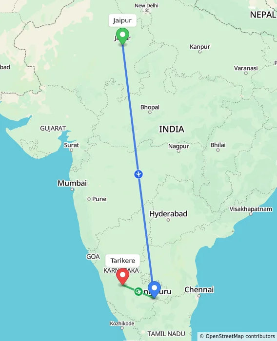 Route map showing distance and travel time from Jaipur, India to Tarikere, India