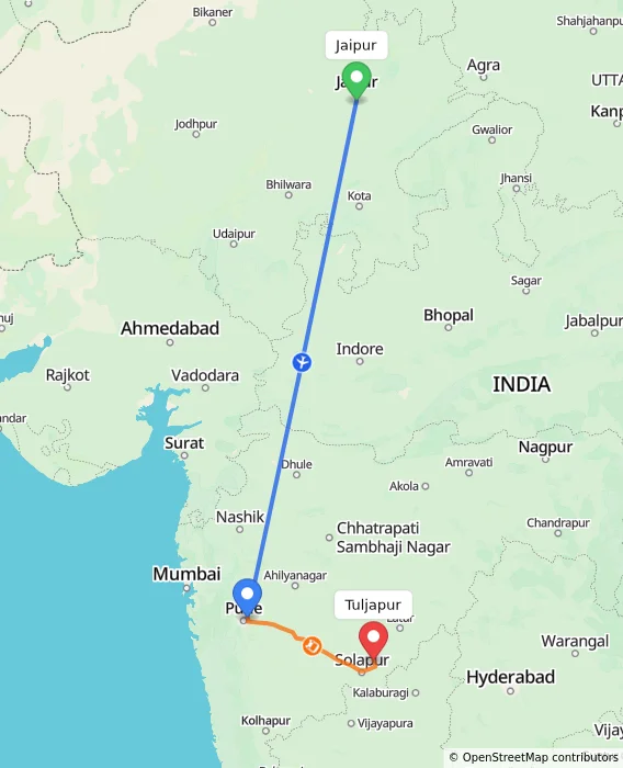 Route map showing distance and travel time from Jaipur, India to Tuljapur, India