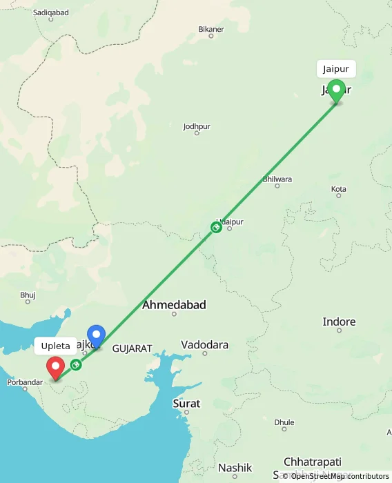 Route map showing distance and travel time from Jaipur, India to Upleta, India