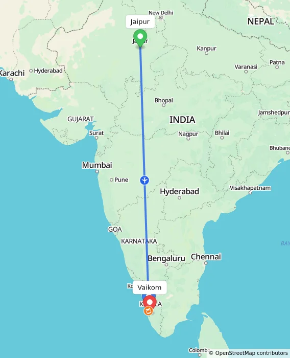Route map showing distance and travel time from Jaipur, India to Vaikom, India