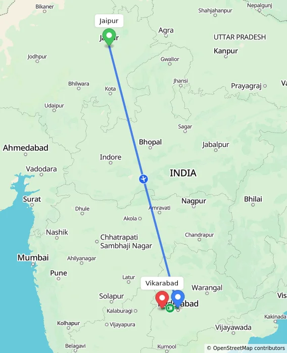 Route map showing distance and travel time from Jaipur, India to Vikarabad, India
