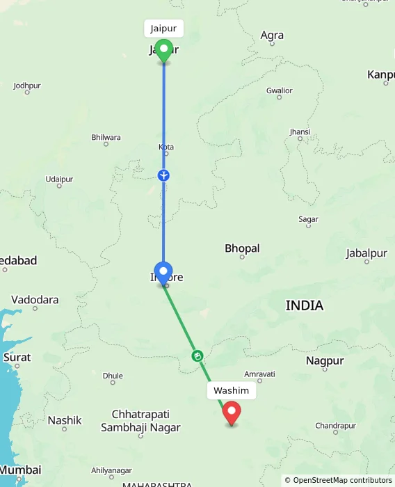 Route map showing distance and travel time from Jaipur, India to Washim, India