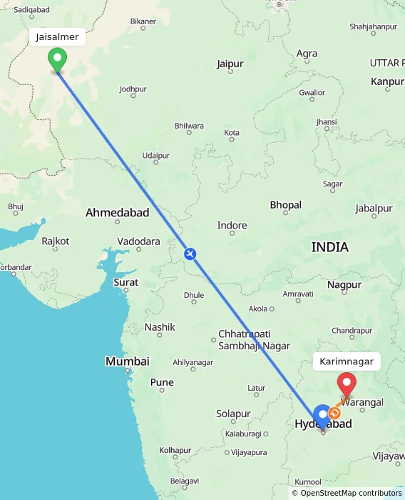Route map showing distance and travel time from Jaisalmer, India to Karimnagar, India