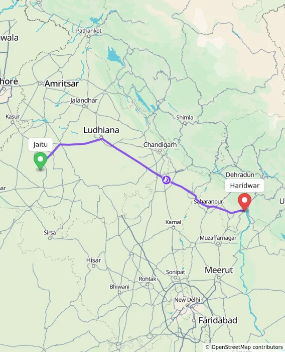 Route map showing distance and travel time from Jaitu, India to Haridwar, India
